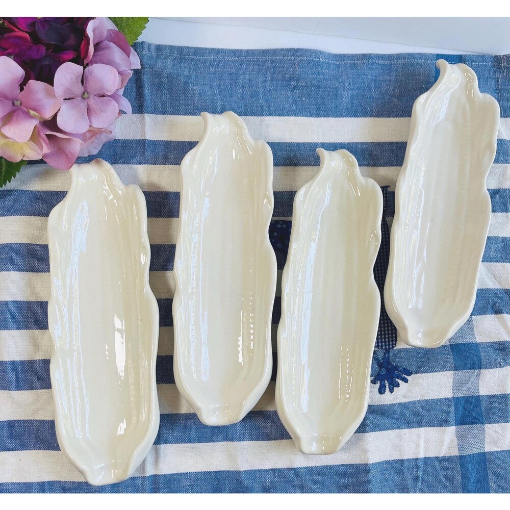 Vintage USA 686 White Ceramic Corn on the Cob Dishes MCM 10" Set of 4